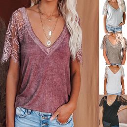 Women's T Shirts Womens Summer Scalloped Eyelash Lace Short Sleeve Sexy Deep V Neck Solid Colour Blouse Casual Loose Tee Tops