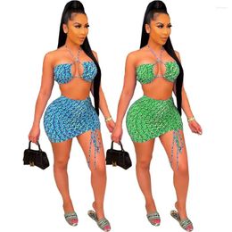 Work Dresses Fashion Print Lace Up 2 Piece Set Women Sexy Bandage Bra Crop Top Ruched Mini Skirts Skinny Club Party Outfits Beach Wear Suit