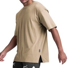summer plus size men polyester solid loose crewneck quick dry undershirt drop shoulder sleeve t shirt
