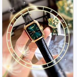 Premium Price Fashion Watch Women's Black Green Leather Strap Bracelet Clock Quartz Movement Business Leisure Small Square Three Pins All the Crime Watches Gifts