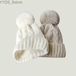 Beanie/Skull Caps New Winter Knitting Solid Color Hat For Women Fur Pompom Thick Plush Beanie Cap Ladies Warm Ski Snow Skullies Beanies YQ231108