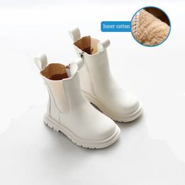 أحذية الحجم 21-30 Kids Spring Winter Winter Chelsea أحذية سميكة قاع مقاومة للماء أحذية قطنية بيضاء