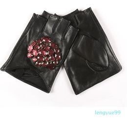 Fashion Rhinestone Inlay Fingerless Leather Gloves Casual Trendy Autumn Women All-mathch