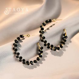 Stud Fashion Doublelayer Black Crystal Woven Hoop Earrings South Korea Simple Accessories Party For Womens Luxury Jewellery 231109