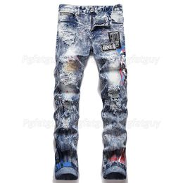 Men's Jeans Punk Style Fried Snowflake Hole Patch Cool Ripped Skinny Trousers Stretch Slim Denim Pants Vaqueros De HombreMen's