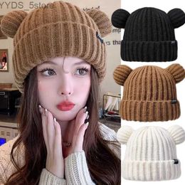 Beanie/Skull Caps Lovely Women's Fashion Knitted Hat Caps Cute Bear Ears Adult Soft Plush Thickened Outdoor Ear Protection Warm Hat Female Hat YQ231108