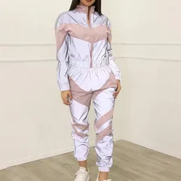 Women's Two Piece Pants Ladies Loose Zipper Shine Sweatsuit Fashion Hip Hop Streetwear Women Tracksuits Set Reflective Jacket And Long