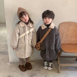 Coat Winter Kids Parkas Children Woolen Lapel Warm Trench Jacket Girls Boys Fur Thicken Loose Long Styel Coats