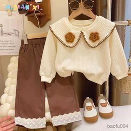 Clothing Sets Children Clothes Piece Set Korea Cotton Turn-Down Collar Top Wide Leg Pants Outfits Suit For Girl Fashionable