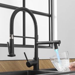 Kitchen Faucets Water Taps Faucet With LED Sprayer Single Handle Hole Two Spouts Outlet Sink Tap 866039