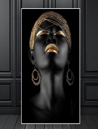 Modern Style African Woman Paintings on Canvas Golden Black Scandinavian Wall Art Poster and Print for Living Room Decor9416011
