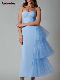 Strapless for Women New Fashion Asymmetrical Slim Midi Dress Chic Elegant Mesh Split Stretch Evening Dresses