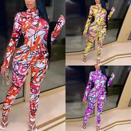 Women's Jumpsuits & Rompers Fashion Letter Printed Bodycon Jumpsuit Woman Casual Turtleneck Womens Long Sleeve Women One Piece Outfits 2023W