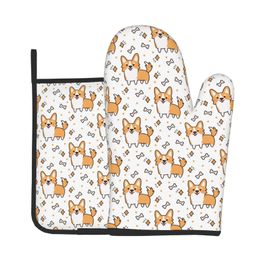 Oven Mitts Kawaii Corgi Heat Resistant Oven Mitts and Pot Holders Sets Non Slip Thick Kitchen Microwave Gloves for Cooking Baking Grilling 231109