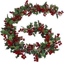 Faux Floral Greenery Christmas Leaves Red Fruit Rattan Garland Artificial Hanging Rattan Stair Wall Fireplace Indoor Outdoor Decoration 231109