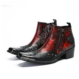 Handmade High Quality Men's Shoes Silver Metal Tip Leather Ankle Boots for Men Zip Red Fashion Boots Man, Big US38-46