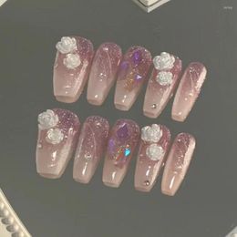 False Nails 24Pcs/Set Long Ballerina White Camellia French Coffin Nials Press On Full Cover Nail Tips DIY Manicure