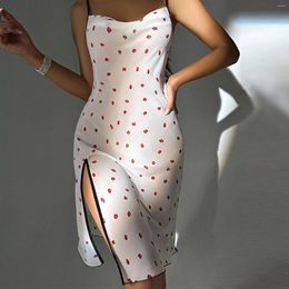 Women's Sleepwear Cute Strawberry Suspender Nightdress Simulation Silk Sexy Backless Slit Slim Pajamas