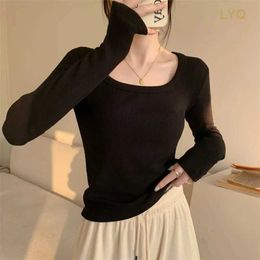 Women's T-Shirt Women Slim Fit Short Long Sleeve Solid Tops Autumn Y2K Casual O Neck T-shirts Sexy Crop Top Vintage Black Pullover Tee Shirt HVFY