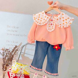 Clothing Sets Kid Girl Fall Clothing Set Cute Heart Print Doll Collar Top with Flower Pants Children High Quality Cotton Outfits