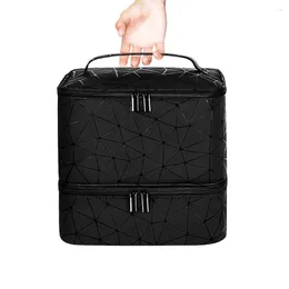 Cosmetic Bags 30 Grids Nail Organizer Black/Pink Double Layer Manicure Bag With Handle PU Nylon Makeup Handbag