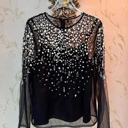 Women's Blouses Diamond Inlaid Slightly Transparent Pullover Blouse Long Sleeve Round Neck Bottomed Autumn Style Shirt