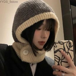 Beanie/Skull Caps Japanese Retro Balaclava Hat Women Scarf Winter Hat and Neck Cold Proof Warm Knit Cap Female Fashion Colour Matching Women's Hats YQ231108