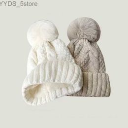 Beanie/Skull Caps New Winter Twist Knitting Hat For Women Fur Pompom Thick Plush Cap Beanie Solid Color Ladies Warm Ski Snow Skullies Beanies YQ231108