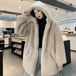 Women's Fur Elegant Lady Mink Coat Zipper Hooded Jacket Faux Overcoat Harajuku Oversize Loose Jackets And Coats Korean