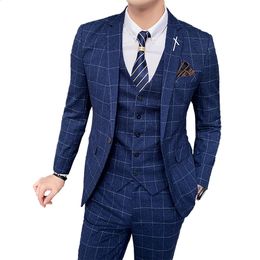 Men's Suits Blazers Size S-7XL Jacket Vest Pants Three-piece Male Formal Business Plaids Suit Groom Wedding Dress Plaid Striped Mens Suit 231109
