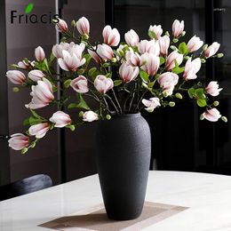 Decorative Flowers 68cm 4-Head Long Branch 3D Print Real Touch Magnolia DIY Wedding Home Flower Arrangement Christmas Party Fake Floral