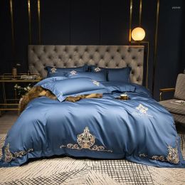 Bedding Sets Thicken 60S Egyptian Cotton Set Embroidered 4PCS Blue Grey Duvet Cover Bedsheet Pillowcases Solid Colour European Style