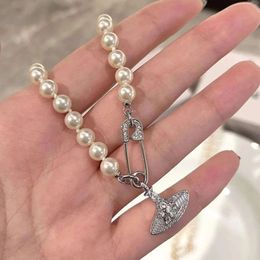 Premium Pin Pearl Pendant Necklace Designer 925 Silver Full Diamond Planet Choker Collarbone Chain For Women0012