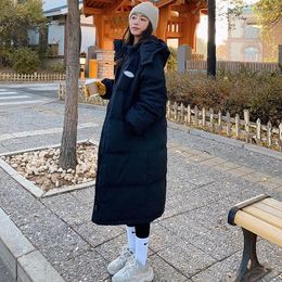 Women's Trench Coats Winter Korean Edition Mid Length Solid Black Over Knee Student Thickened White Duck Down Hooded Coat Trend
