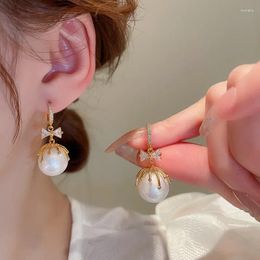 Hoop Earrings Korean Sweet Zircon Bow Round Pearl Drop For Women French Light Luxury Temperament Simple Jewlery Pendientes