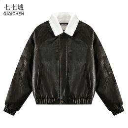 Men's Leather Faux Winter Jackets Men Vintage Lining Furry Turndown Collar Thick Jacket Women Loose Waterproof Coat Fall Streetwear 231109