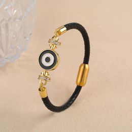 Link Bracelets 5 Styles Copper Drip Oil Round Devil'S Eyes Leather Stainless Steel Clasp Bracelet Charms For Women Girls Wrist Jewellery Gifts