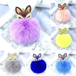 Cute Fake Rabbit Fur Ball Keychain Cartoon Rhinestone Pearl Fox Head Pendant Keyrings Women Purse Bag Animal Pendant Accessories