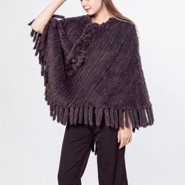 Women's Fur & Faux Lady Natural Real Knitted Mink Poncho With Ruffle Tassles Flower Cape Shawl 2023 Fashion Knitting Wrap