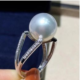 Cluster Rings Giant Natural 11-12mm South China Sea White Round Pearl Ring 925S