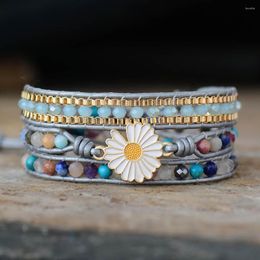 Strand Fashion Leather Wrap Bracelets W/ Natural Stone Daisy Charm Chain Woven Bracelet Bohemian Jewelry Bijoux Dropship