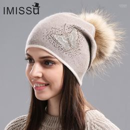 Beanies Beanie/Skull Caps IMISSU Women's Hats For Winter Knitted Wool Beanie Casual Hat With Real Raccoon Fur Pom Solid Colors Ski Gorros