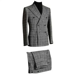 Men s Tracksuits Houndstooth Premium Double Breasted Buttons Tuxedos Lapel Two Piece Suit Daily Casual Wedding Dinner Business Party 231109