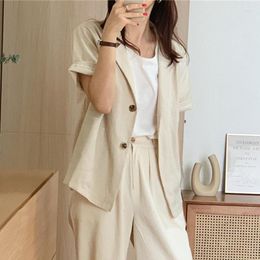 Women's Blouses Two-buttons Simple Suit Women Tops Solid Cotton Linen Small Top Air-conditioning Jacket Short-sleeved Korean Fashion