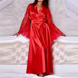 Women's Sleepwear WEIRDO Lady Nightgown See-through Long Sleeves Lace Satin Solid Color Mesh Tight Waist Up Sexy Women Bathrobe For Sleeping
