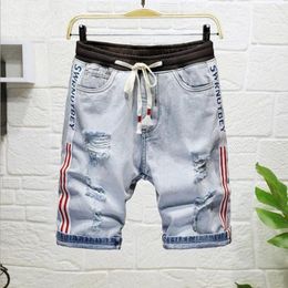 Men's Shorts Summer Blue Holes Jeans For Man Elastic Waist Casual Denim Good Quality Male Cotton Knee Length Pants