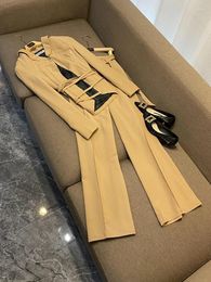 Women's Two Piece Pants 2023 Spring Fall Designed Lady Office Basic Solid Suit Lace-up Slim Fitted Blazer Loose Flared Women 2Pcs