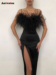 Feathers Dresses for Women New Fashion Elegant Chic Sleeveless Waist Skinny Casual High Split Dress