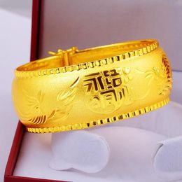 Bangle 25mm Thick Wedding Women Bracelet Chinese Traditonal Jewellery 18k Yellow Gold Filled Classic Lady Bridal Engagement GiftBangle