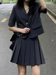 Two Piece Dress Insozkdg College Skirt Suits Women 2023 Spring Autumn Vintage Grey High-end Short-sleeved Blazer Pleated Set